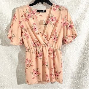 NWT! Pink Floral Print V Neck Short Sleeve Fit and Flair Blouse Shirt by Stunner